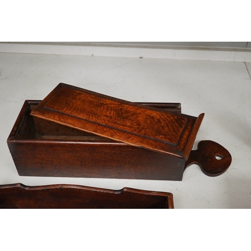 1326 - A George III mahogany cutlery tray, together with an oak hanging candle box, largest 48cm high. Cond... 