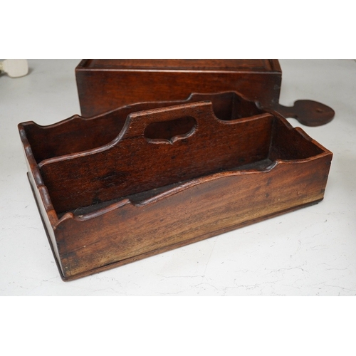 1326 - A George III mahogany cutlery tray, together with an oak hanging candle box, largest 48cm high. Cond... 