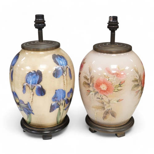 1327 - Two modern 'Decalcomania' table lamps, decorated with pink roses and blue irises, 37cm high includin... 