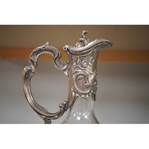 1334 - A pair of Art Nouveau style glass and silver plate mounted claret jugs, 31cm. Condition - good... 