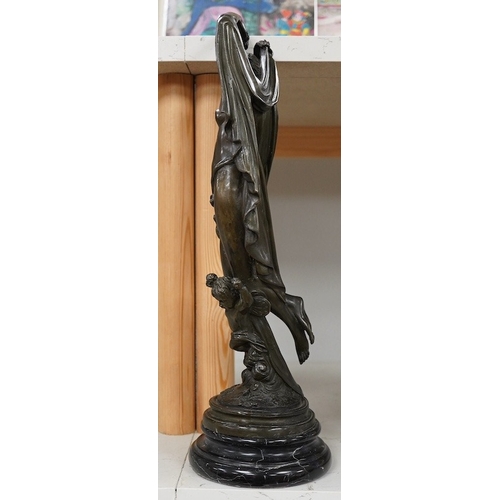 1340 - A 20th century bronze figure of a maiden, raised on marble socle, 38.5cm. Condition - fair to good... 