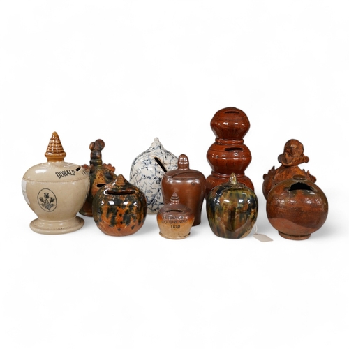 1344 - A group of ten various 19th century stoneware money boxes, tallest 19cm. Condition - varies