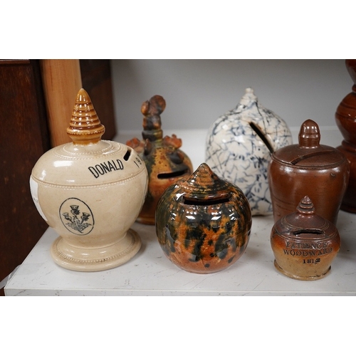 1344 - A group of ten various 19th century stoneware money boxes, tallest 19cm. Condition - varies