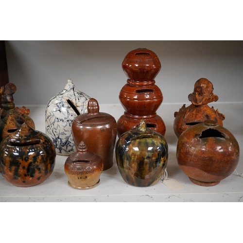 1344 - A group of ten various 19th century stoneware money boxes, tallest 19cm. Condition - varies