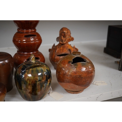 1344 - A group of ten various 19th century stoneware money boxes, tallest 19cm. Condition - varies