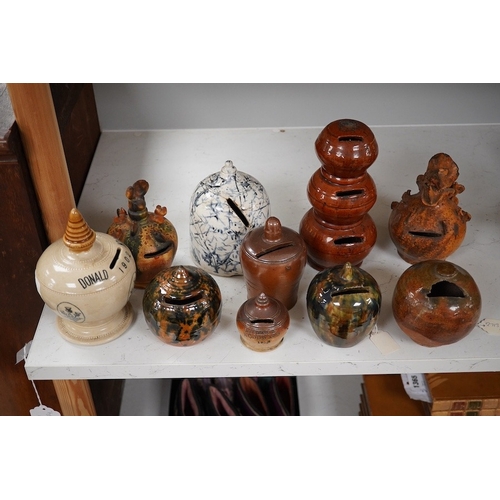 1344 - A group of ten various 19th century stoneware money boxes, tallest 19cm. Condition - varies