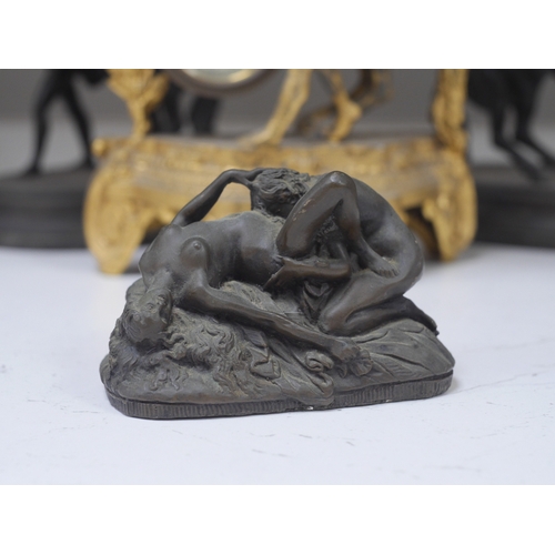 1355 - Two Spelter Marley horse groups, a similar timepiece and a bronzed resin erotic figure group after J... 