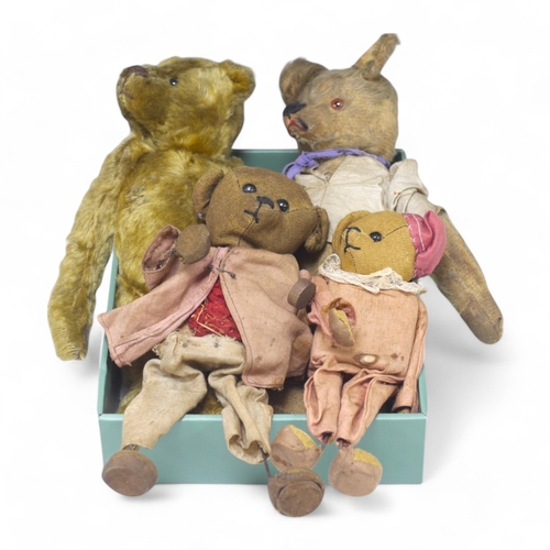 1364 - An early 20th century German hump backed plush teddy bear and three others, German teddy 30cm high. ... 