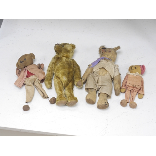 1364 - An early 20th century German hump backed plush teddy bear and three others, German teddy 30cm high. ... 