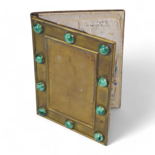 1369 - A 19th century malachite inset gilt brass blotter, 19cm wide  x 26.5cm high. Condition - leather scu... 