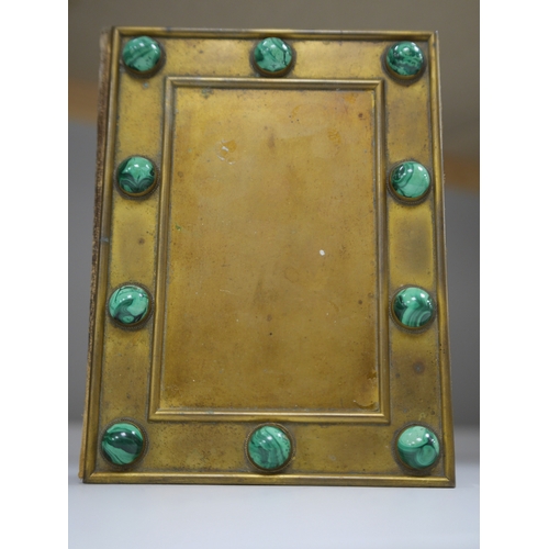 1369 - A 19th century malachite inset gilt brass blotter, 19cm wide  x 26.5cm high. Condition - leather scu... 