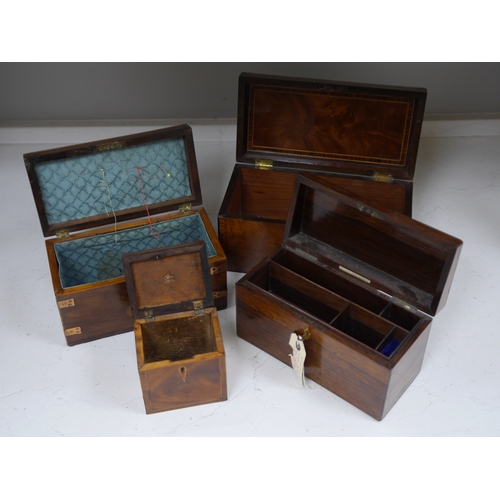 1371 - An early 19th century inlaid tea caddy, two sewing boxes and a stationery box, 25.5cm x 14cm various... 