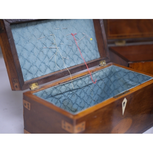 1371 - An early 19th century inlaid tea caddy, two sewing boxes and a stationery box, 25.5cm x 14cm various... 