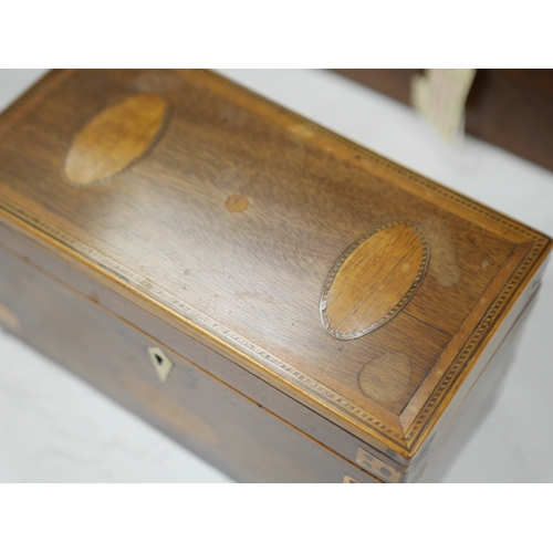 1371 - An early 19th century inlaid tea caddy, two sewing boxes and a stationery box, 25.5cm x 14cm various... 