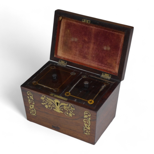 1381 - A Regency cut brass inlaid tea caddy, 15cm high. Condition - fair to good