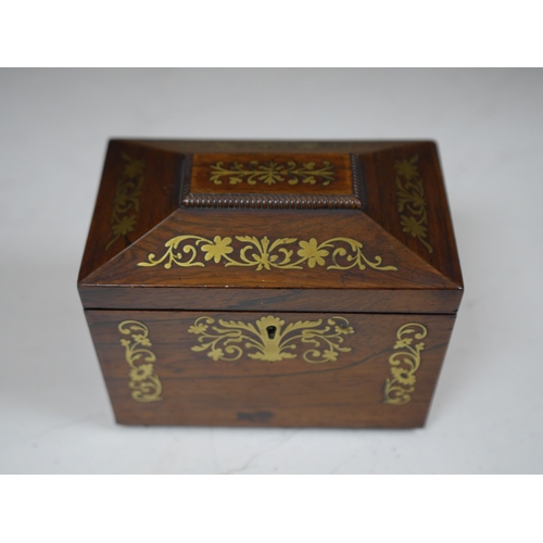 1381 - A Regency cut brass inlaid tea caddy, 15cm high. Condition - fair to good