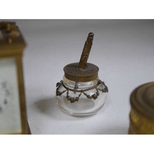 1388 - A brass cased carriage clock and five ormolu mounted glass desk accessories, clock 12cm high. Condit... 