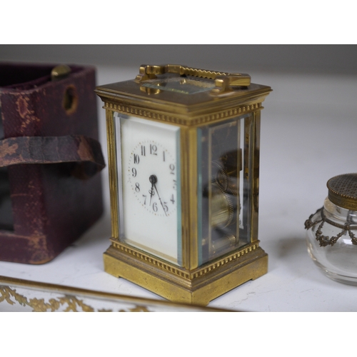 1388 - A brass cased carriage clock and five ormolu mounted glass desk accessories, clock 12cm high. Condit... 