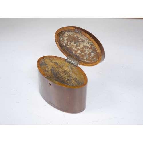 1392 - A George III oval inlaid sycamore tea caddy, 12cm high x 15cm wide. Condition - two splits to front.... 