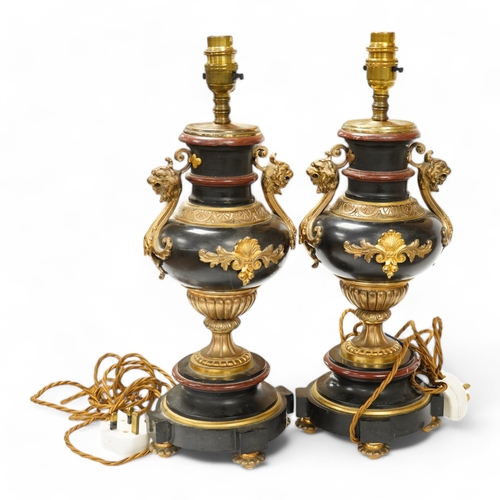 1393 - A pair of ormolu, rouge and black marble table lamps, 42cm including fitting. Condition - good... 