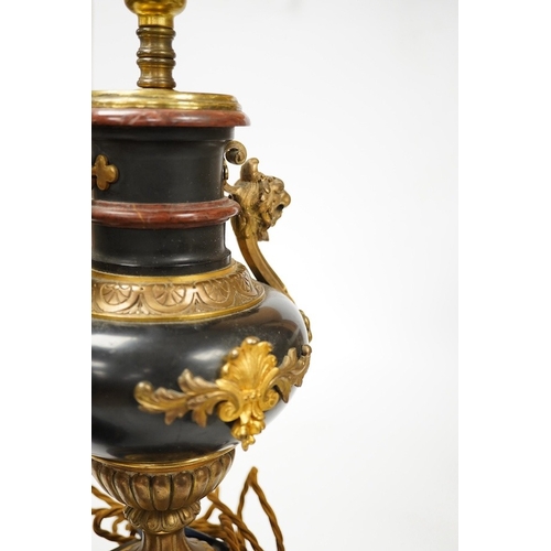 1393 - A pair of ormolu, rouge and black marble table lamps, 42cm including fitting. Condition - good... 