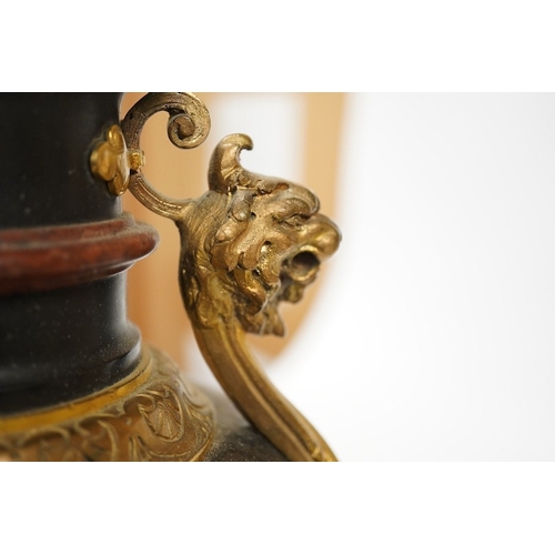 1393 - A pair of ormolu, rouge and black marble table lamps, 42cm including fitting. Condition - good... 