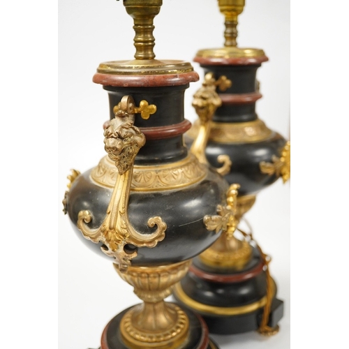 1393 - A pair of ormolu, rouge and black marble table lamps, 42cm including fitting. Condition - good... 