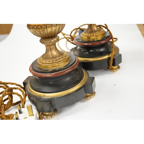 1393 - A pair of ormolu, rouge and black marble table lamps, 42cm including fitting. Condition - good... 