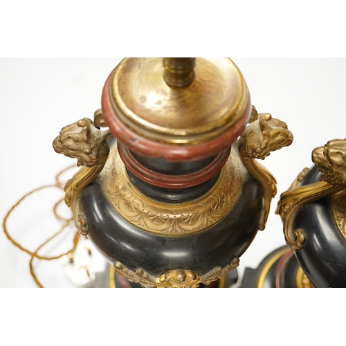 1393 - A pair of ormolu, rouge and black marble table lamps, 42cm including fitting. Condition - good... 