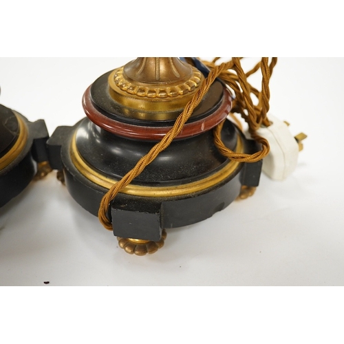 1393 - A pair of ormolu, rouge and black marble table lamps, 42cm including fitting. Condition - good... 