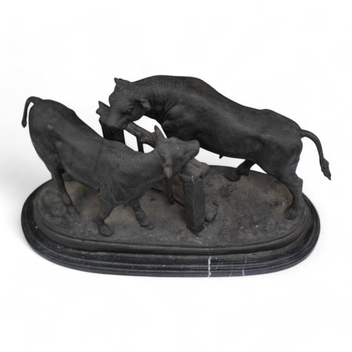 1403 - After Pierre-Jules Mêne (1810-1879), patinated metal group of bulls, 31cm high x 50cm wide. Conditio... 