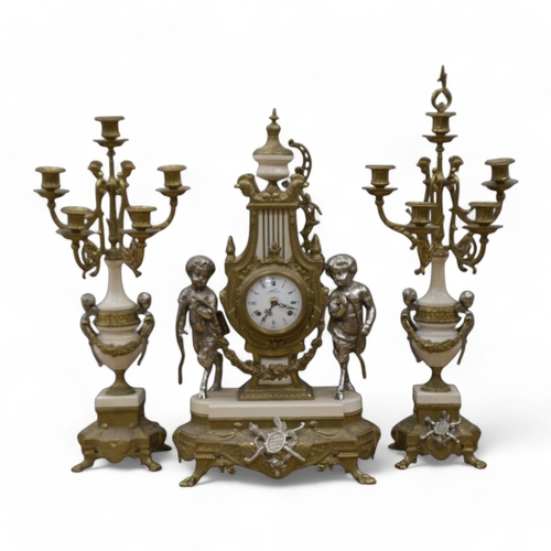 1406 - An ornate mixed metal putti clock and five light garniture, garnitures 59.5cm high. Condition - fair... 