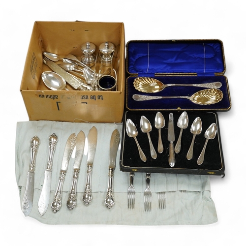 1413 - A cased set of six silver grapefruits spoons with a silver handled carving knife and a quantity of a... 