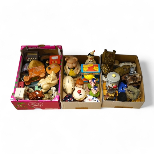 1417 - A large quantity (in three boxes) of novelty, advertising and general money boxes  mostly from the m... 