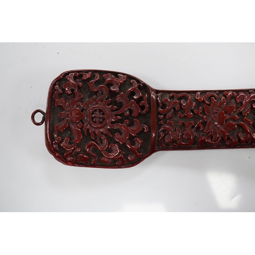 1420 - A Chinese red lacquered Ruyi sceptre, 41cm. Condition - fair to good