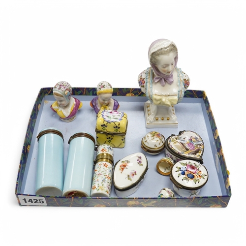 1425 - Three Continental porcelain busts and sundry ceramic boxes, 19th century, tallest 13cm. Condition - ... 