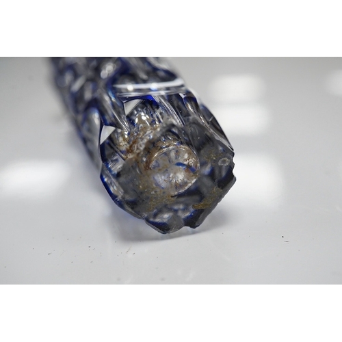 1436 - A 19th century silver topped blue overlay glass scent bottle, 11cm long. Condition - fine chips to b... 