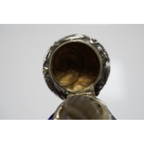 1436 - A 19th century silver topped blue overlay glass scent bottle, 11cm long. Condition - fine chips to b... 