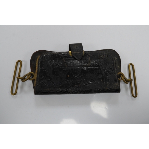 1438 - A Victorian Royal Artillery leather and brass cartridge pouch, 15cm wide. Condition - fair