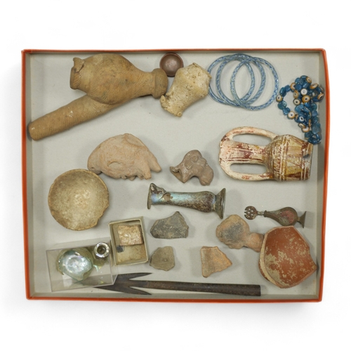 1443 - A collection of Roman, Ancient Greek and other items, including a glass vial, a broken glass bottle,... 