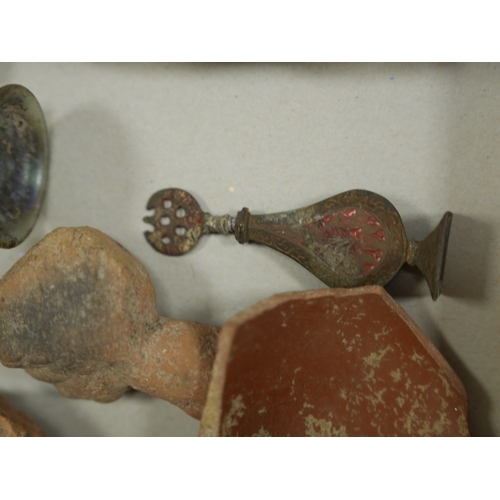 1443 - A collection of Roman, Ancient Greek and other items, including a glass vial, a broken glass bottle,... 