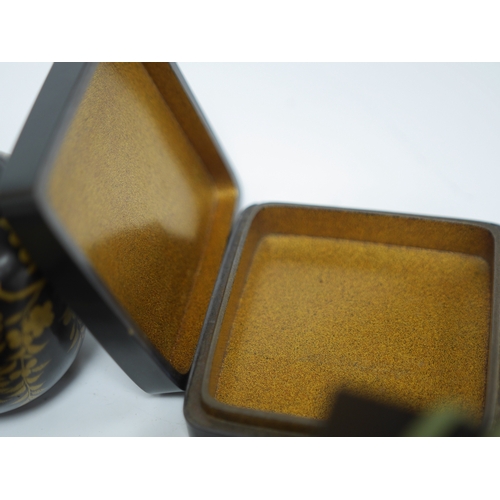 1445 - A group of Japanese lacquer wares; comprising a miniature kodansu in original box, signed to the top... 