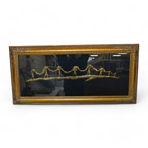 1452 - A framed bronze sculpture, of fishermen carrying rolled fishing net, 86cm wide x 33.5cm high.Conditi... 