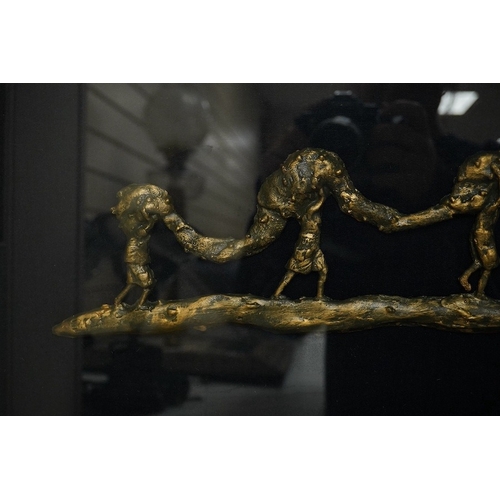 1452 - A framed bronze sculpture, of fishermen carrying rolled fishing net, 86cm wide x 33.5cm high.Conditi... 