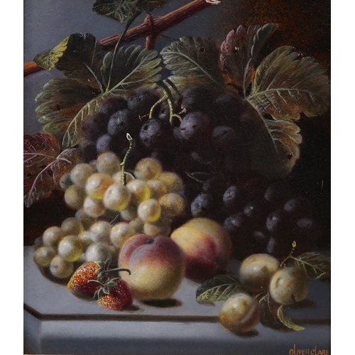 1711 - Manner of Oliver Clare, oil on board, Still life of fruit, signed, Ashleigh Gallery label verso, gil... 