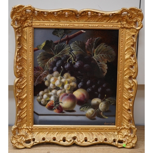 1711 - Manner of Oliver Clare, oil on board, Still life of fruit, signed, Ashleigh Gallery label verso, gil... 