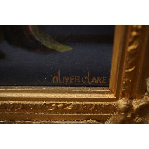 1711 - Manner of Oliver Clare, oil on board, Still life of fruit, signed, Ashleigh Gallery label verso, gil... 