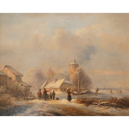 1714 - 19th century Dutch School, oil on canvas, Skaters in a winter landscape, unsigned, 35 x 44cm, ornate... 