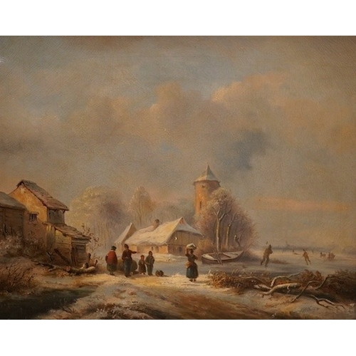 1714 - 19th century Dutch School, oil on canvas, Skaters in a winter landscape, unsigned, 35 x 44cm, ornate... 