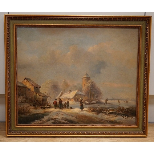 1714 - 19th century Dutch School, oil on canvas, Skaters in a winter landscape, unsigned, 35 x 44cm, ornate... 